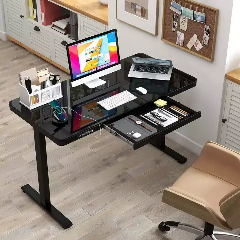Costway 48 x 24 Whole-Piece Glass Standing Desk w/Drawers Writable Tempered Glass Top Black/White