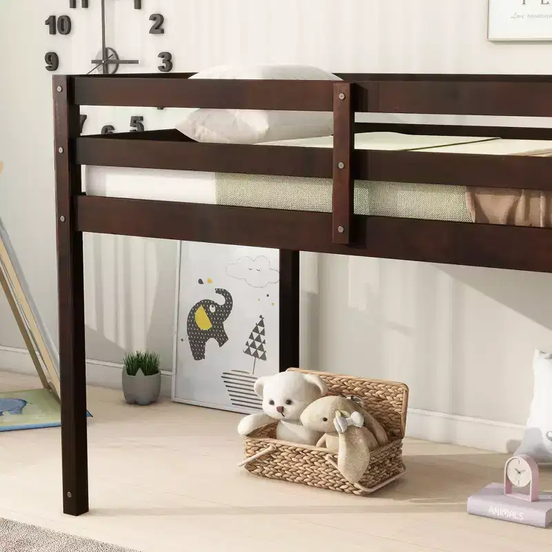 Twin High Loft Bed with Integrated Desk & Safety Guardrail, Solid Rubberwood, Grey