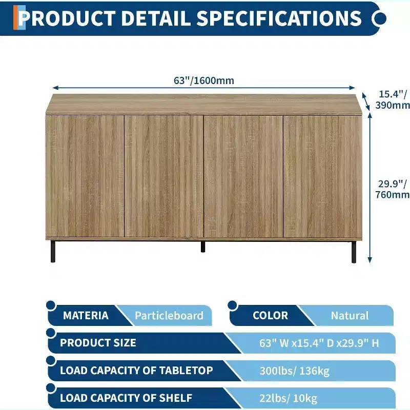 Acekool 63 Fluted Sideboard Cabinet, 4-Door Buffet with Adjustable Shelves & Metal Legs, Modern Credenza for Living Room, Entryway