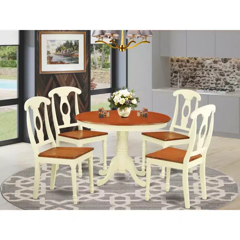 5-Piece Round Buttermilk and Cherry Finish Solid Wood Top Dining Table with 4 Chairs