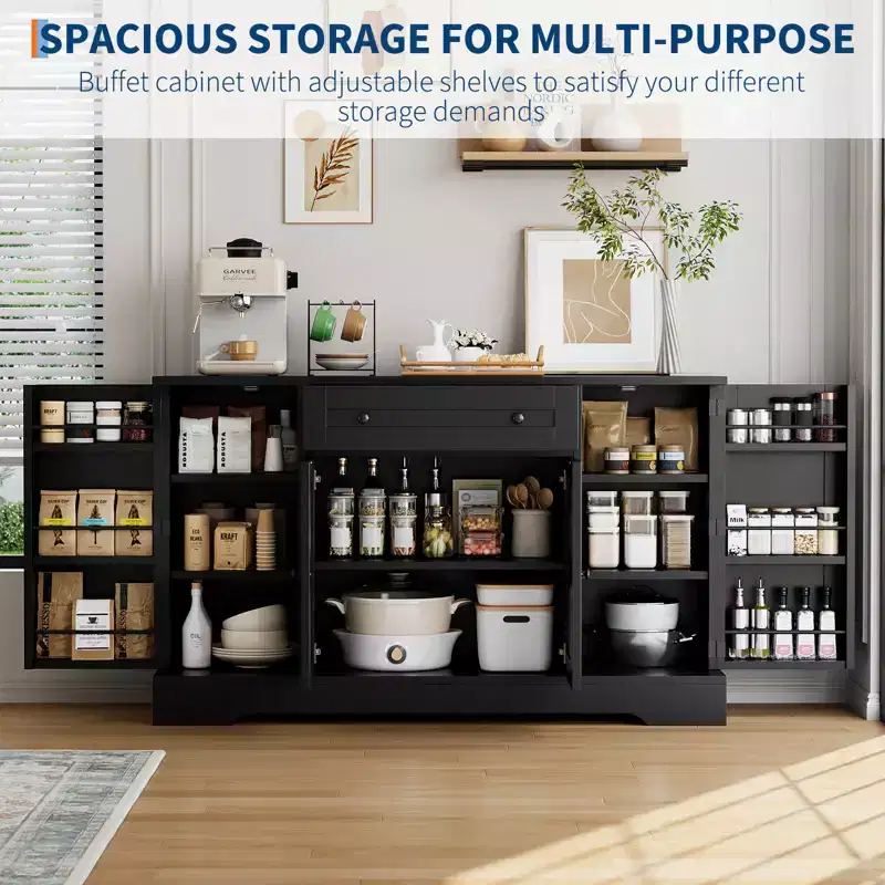 Sideboard Buffet Cabinet with Storage, Modern Wooden Credenza Storage Cabinet with Drawer and 4 Doors, Freestanding Coffee Bar Living Room, Kitchen