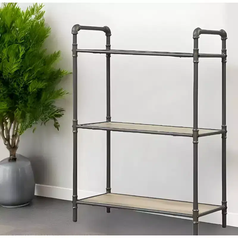36 Antique Oak and Sandy Gray Metal Three Tier Standard Bookcase