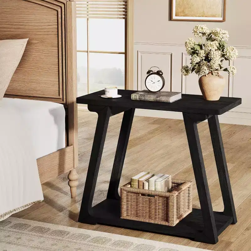 2-Tier Solid Wood End Table, Rectangle Farmhouse Narrow Side Table with Trapezoidal Base for Living Room, Easy Assembly