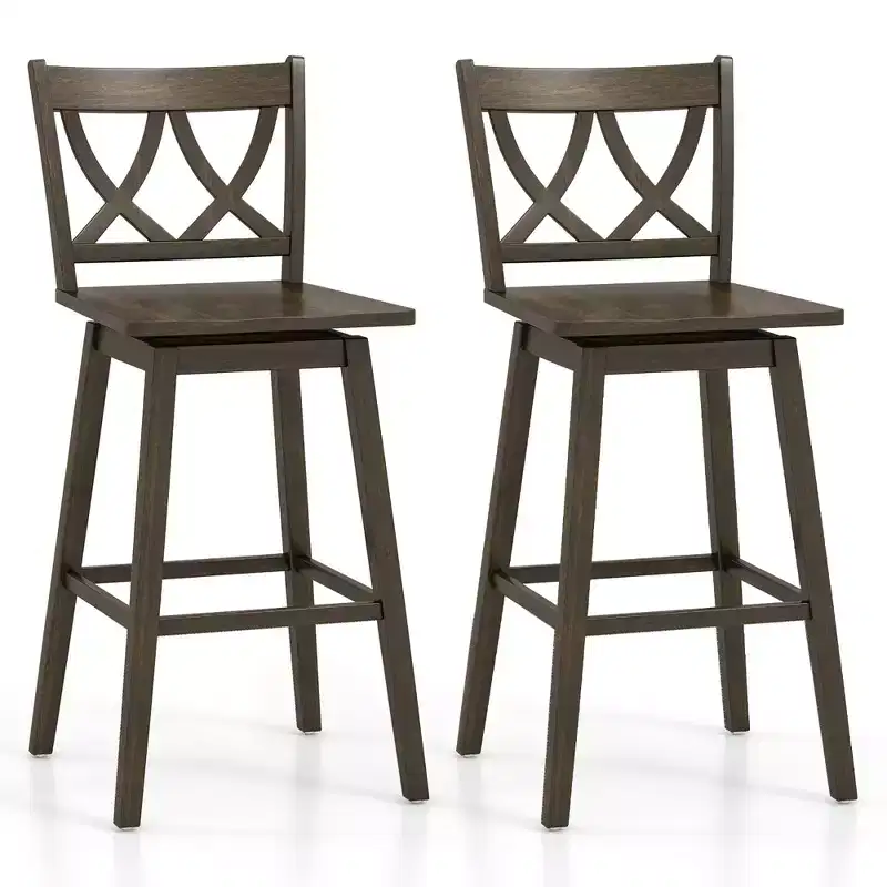 Costway 29 Bar Stool Set of 2 w/Rubber Wood Frame Swivel Seat Ergonomic Backrest