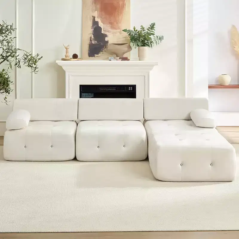 L-Shaped Velvet 3-Seater Modular Sectional Sofa With Ottoman, Convertible Sofa Couches with Rivet Trim