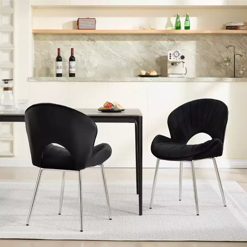 Set of 2 Modern Upholstered Dining Chairs With Curved Backrest and Metal Legs, Armless Dining Chairs for Dining Room or Kitchen-Panipeachy