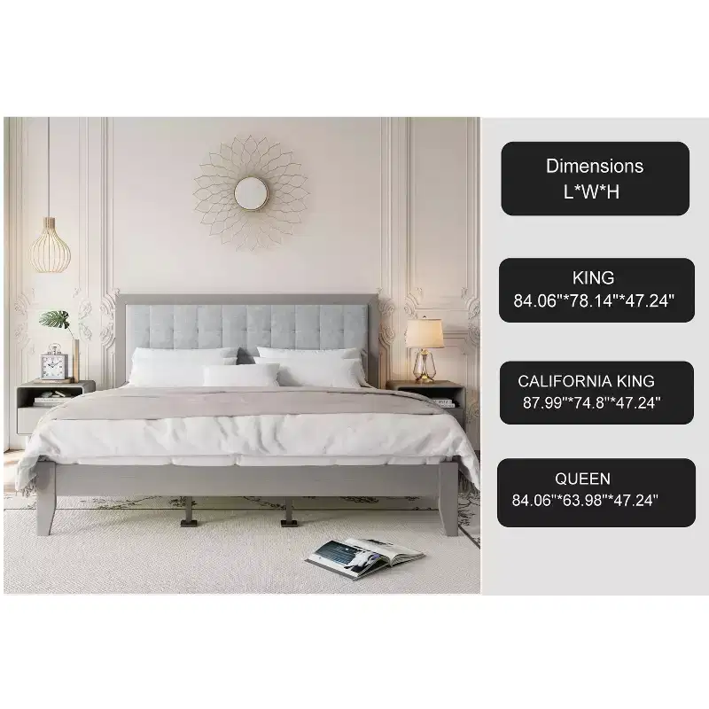 Okak Queen/King Platform Bed Frame Upholstered Modern Solid Wood Bed with Square Tufted Headboard Noise-Free Easy to Assemble