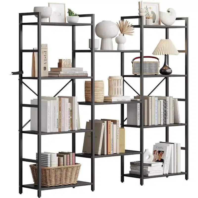 Acekool Triple Column 4-Tier Bookshelf, Adjustable Industrial Bookcase with 11 Open Shelves, Large Storage for Living Room, Bedroom, Office, Brown