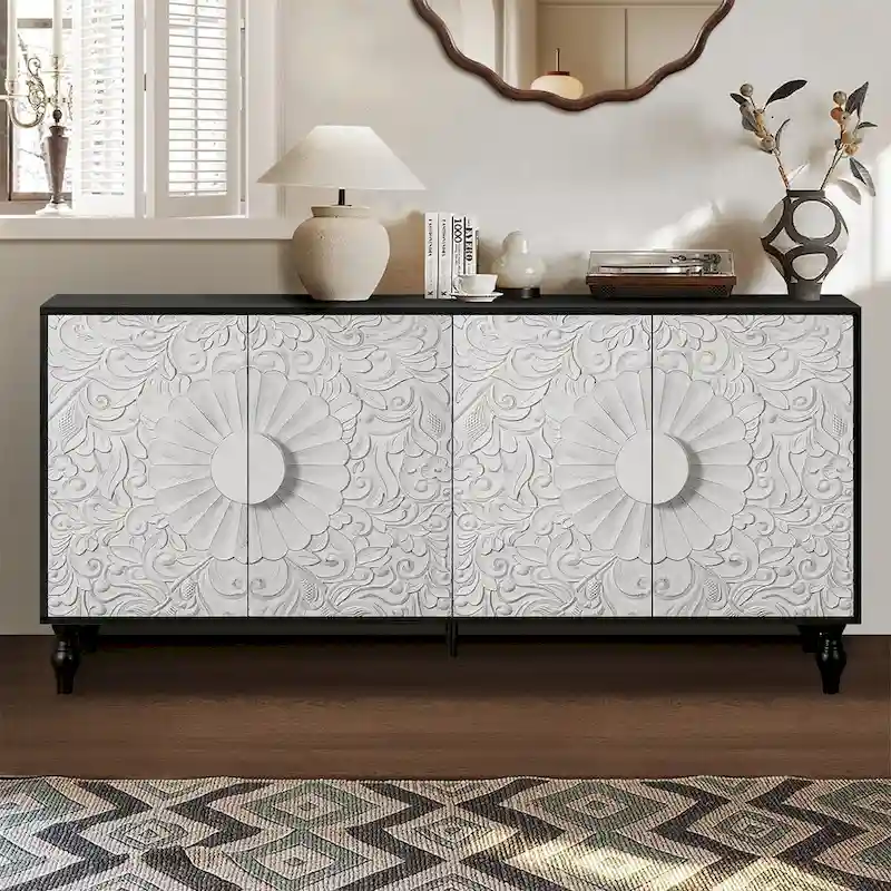 Vintage White Sideboards with Large Faceted Carved