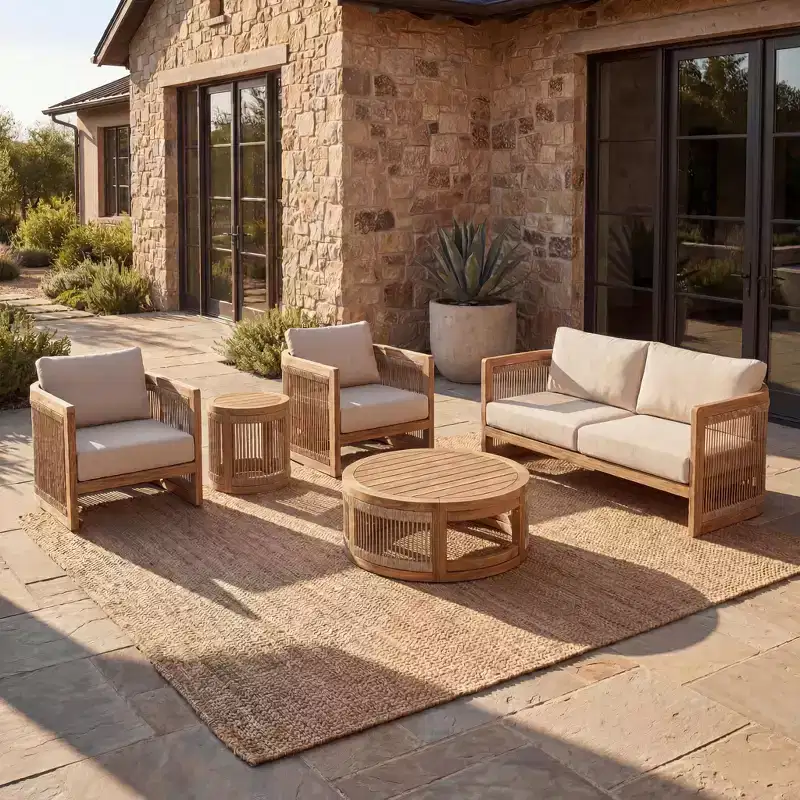 Christopher Knight Home Swedy 5 Piece Outdoor Acacia Wood Curved Tub Design Seating Set with Woven Rope