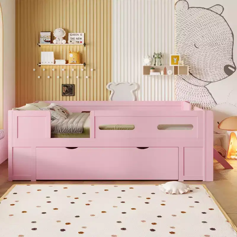 GDFStudio Martin Wood Platform Bed with Guardrail and Drawer