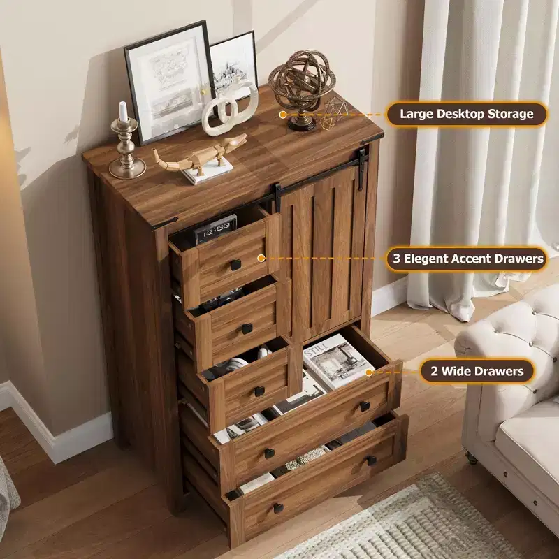 Farmhouse 5 Drawer Dresser for Bedroom, 48 Tall Wood Dresser Chest of Drawer with Sliding Barn Door, Storage Organizer