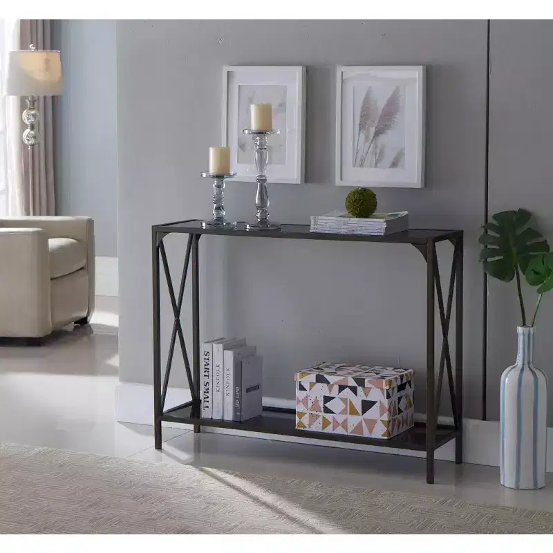 Modern Console Sofa Table with Storage Shelf, Pewter/Black Glass