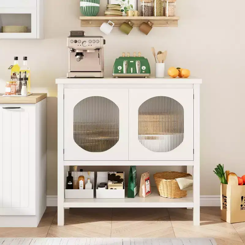 Coffee Bar Station w/2-Door Cabinet, Small Kitchen Cabinet with Open Shelf, Entryway Table with Storage for Dining Room, Kitchen, Hallway