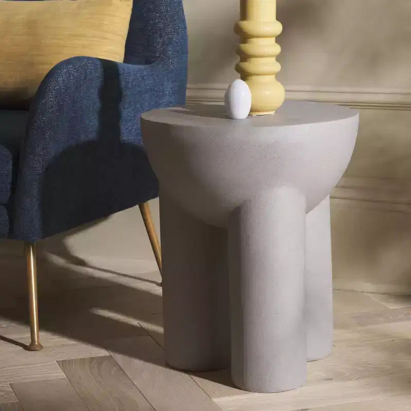 Round Accent Table, Grey, Sculptural Drum Design