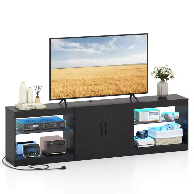Costway TV Stand with Power Outlets Adjustable LED Lights Storage Cabinet for TVs up to 85 Black/White