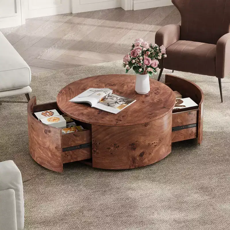 Whisen 360 Swivel Accent Coffee Table with Rich Burl Wood Veneer & 2 Hidden Storage Drawers - Walnut