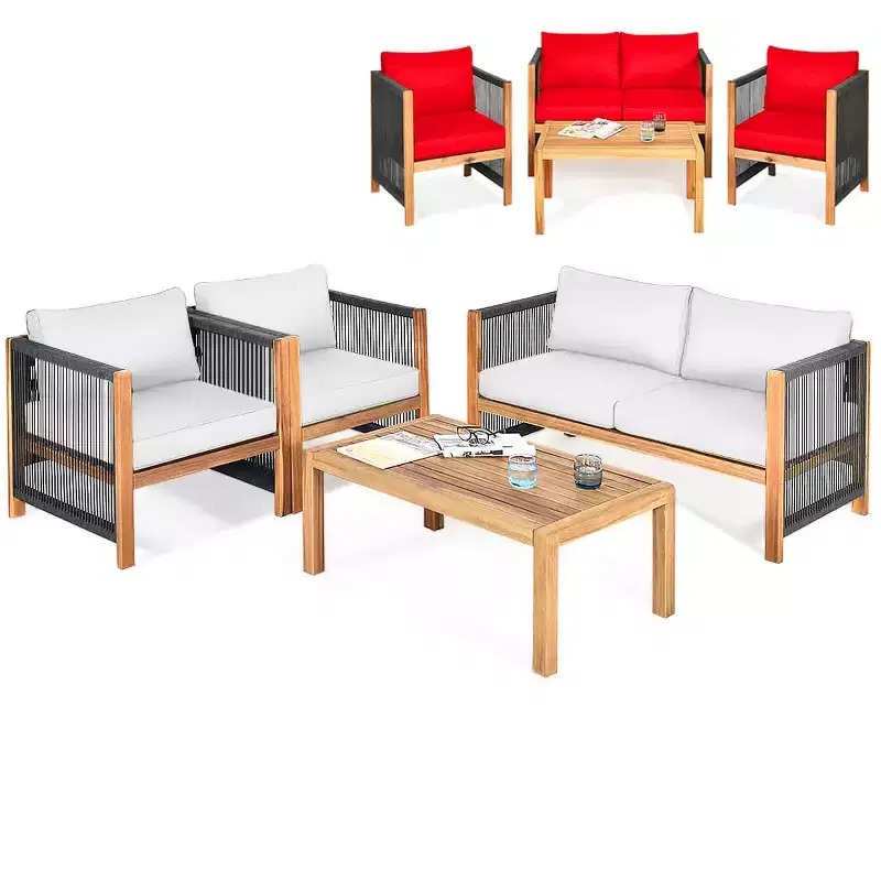 Costway 4 PCS Wood Outdoor Patio Furniture Set with Cushions White Red Cushion Cover Sets White+Red/Turquoise