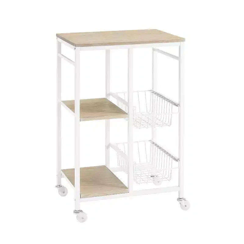 White Metal Mobile Small Kitchen Cart with MDF Top, 2 Baskets, Locking Casters