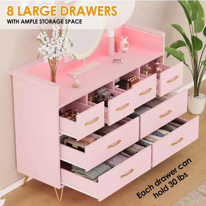 8-Drawer Dresser with Power Outlet, LED Lights & Gold Handles, Modern Wood Chest, White