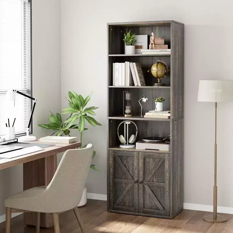 71.4 Grey Bookcase with Doors, 6-Shelf Industrial Farmhouse Bookshelf, Deep Storage Display Cabinet