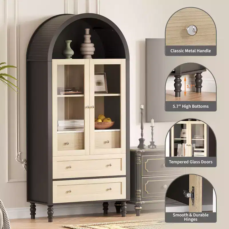 70 Tall Arched Storage Cabinet with Adjustable Shelves, Modern LED Lighted Wooden Pantry Cabinet with Tempered Glass Doors & 3 Drawers