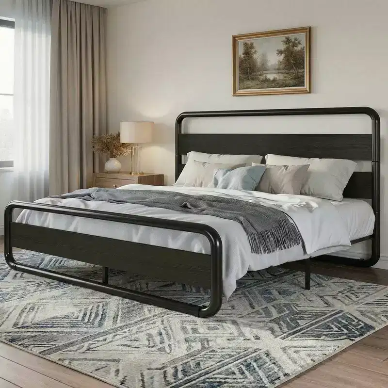 King Size Metal Bed with Curved Wood Head & Footboard, Heavy Duty Platform Bed Frame, Under-Bed Storage, Easy Assembly, Black