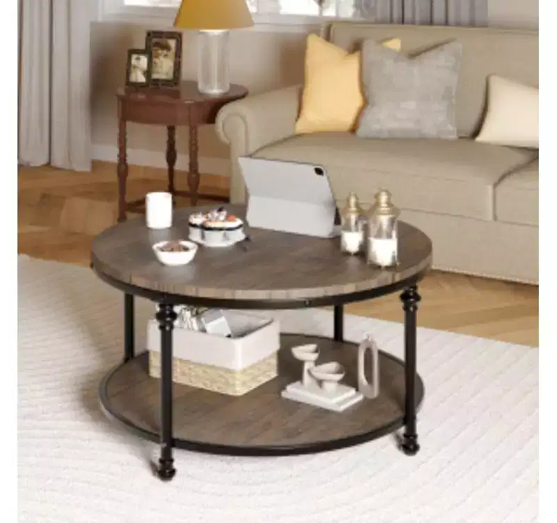 2-Tier Iron+MDF Roman Column Round Coffee Table, Small Size 30.5inch & Medium Size 34.5inch,