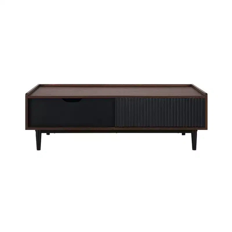Ribbed Coffee Table with Drawer and Lower Shelf, Modern Living Room Accent Table
