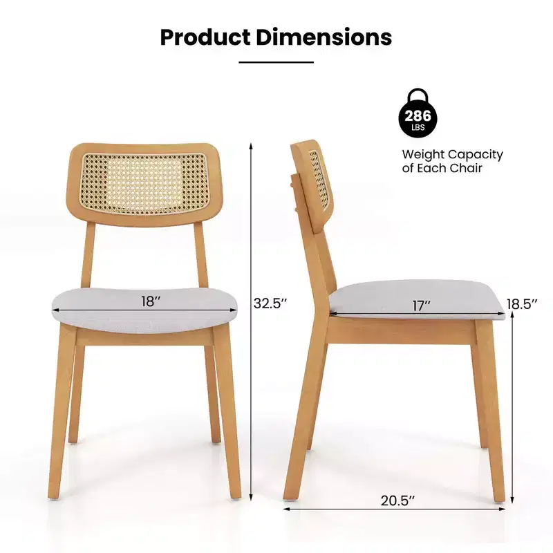 Costway Wooden Rattan Dining Chair Set of 2/4 with Can Back Rubber Wood Frame Padded Seat