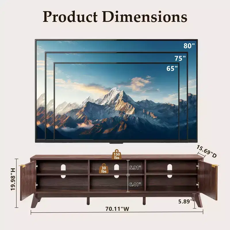 Modern 70 TV Stand, Entertainment Center for TVs Up to 80, Wood Media Console with Open Storage & Side Cabinets