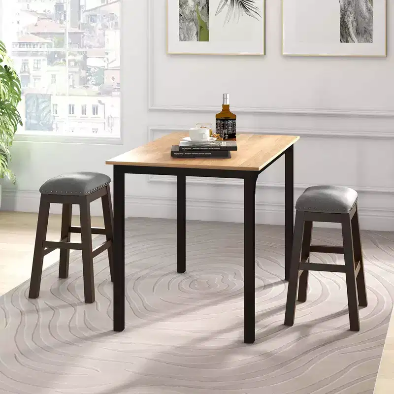Costway Set of 2 Upholstered Saddle Bar Stools 24.5'' Dining Chairs with Wooden Legs Gray
