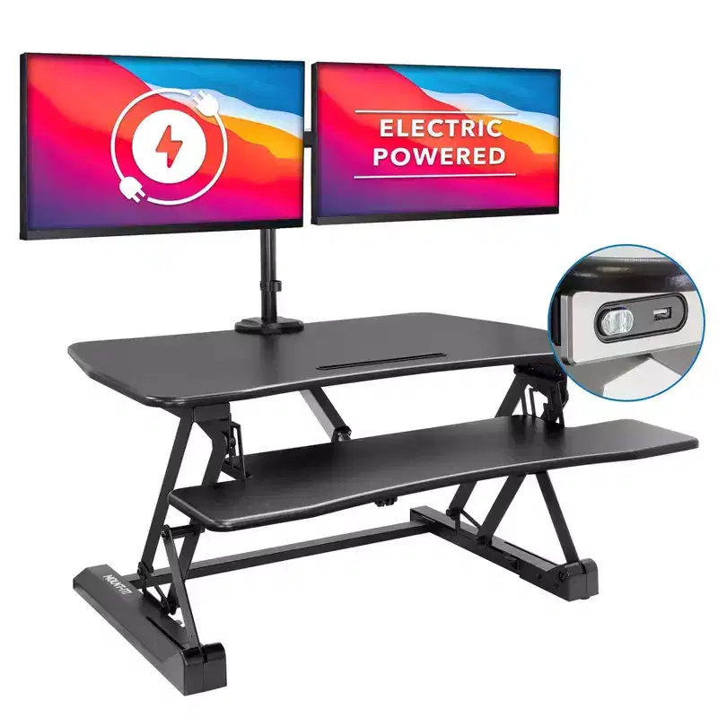 Electric Stand Up Desk Converter with Dual Monitor Arm - Motorized Desktop Standing Desk Riser