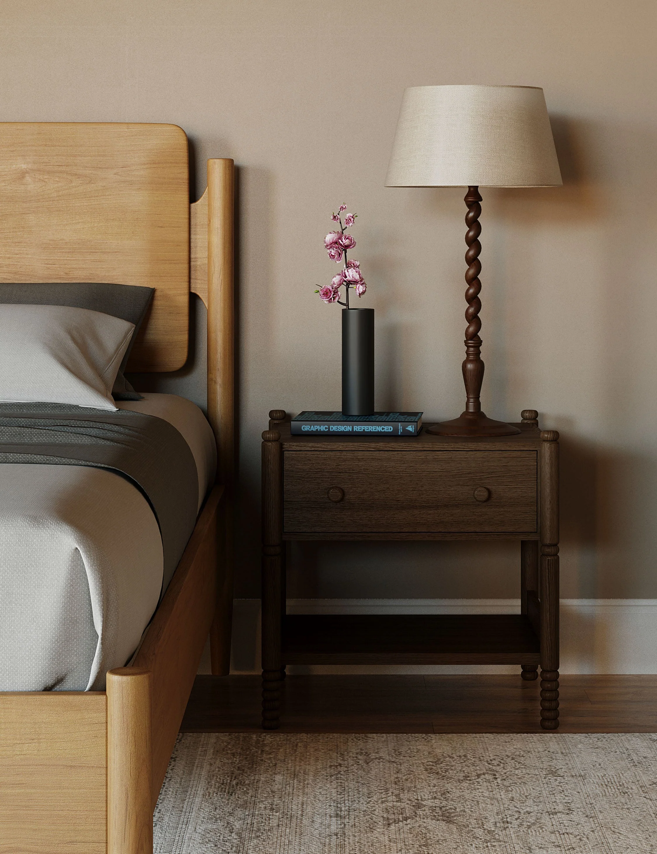 Nightstand The console table offers rustic warmth in a modern design. The solid, turned wood legs and oak-clad frame are covered in a rich, dark