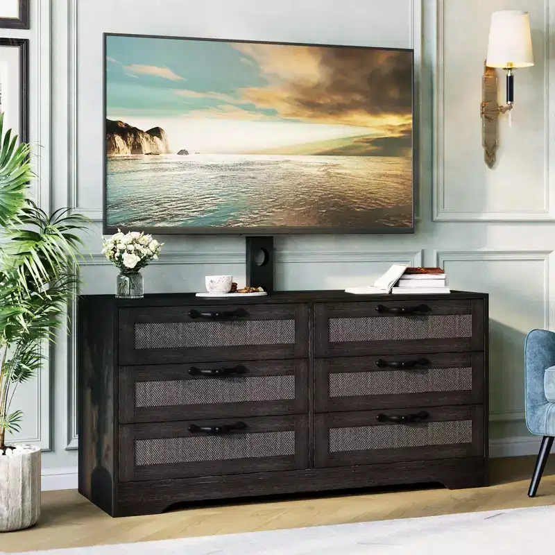 Wood & Rattan TV Stand with Mount 6-Drawer 47.2''W x 43.8''H x 15.7''D