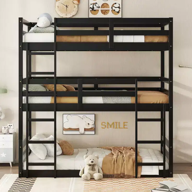 Rubberwood Detachable Triple Twin Bunk Bed with 2 Built-in Ladders and Guardrails