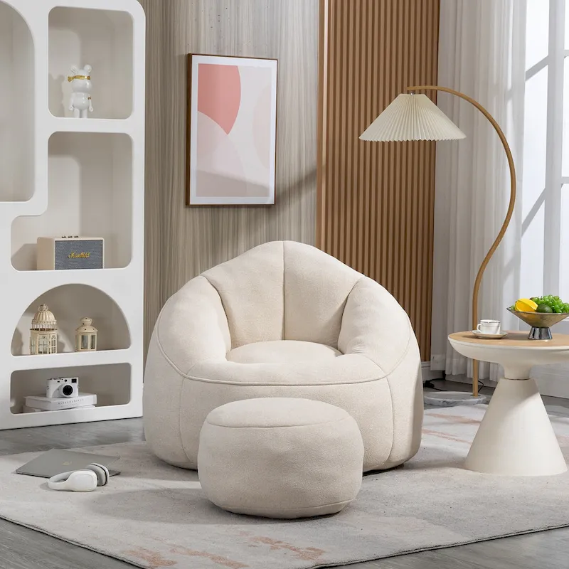 Beige Modern 40 Microfiber Accent Chair with Ottoman
