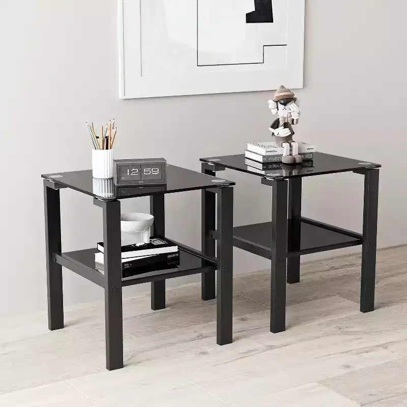 Set of 2 Glass Tea Tables - Two-Layer Tempered Glass with Iron Frame for Living Room and Bedroom