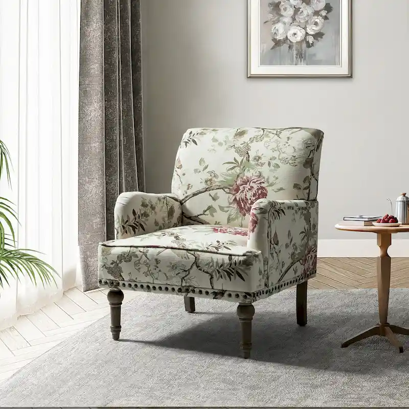 Traditonal Floral Fabric Design Upholstered Accent Armchair with Turned Legs