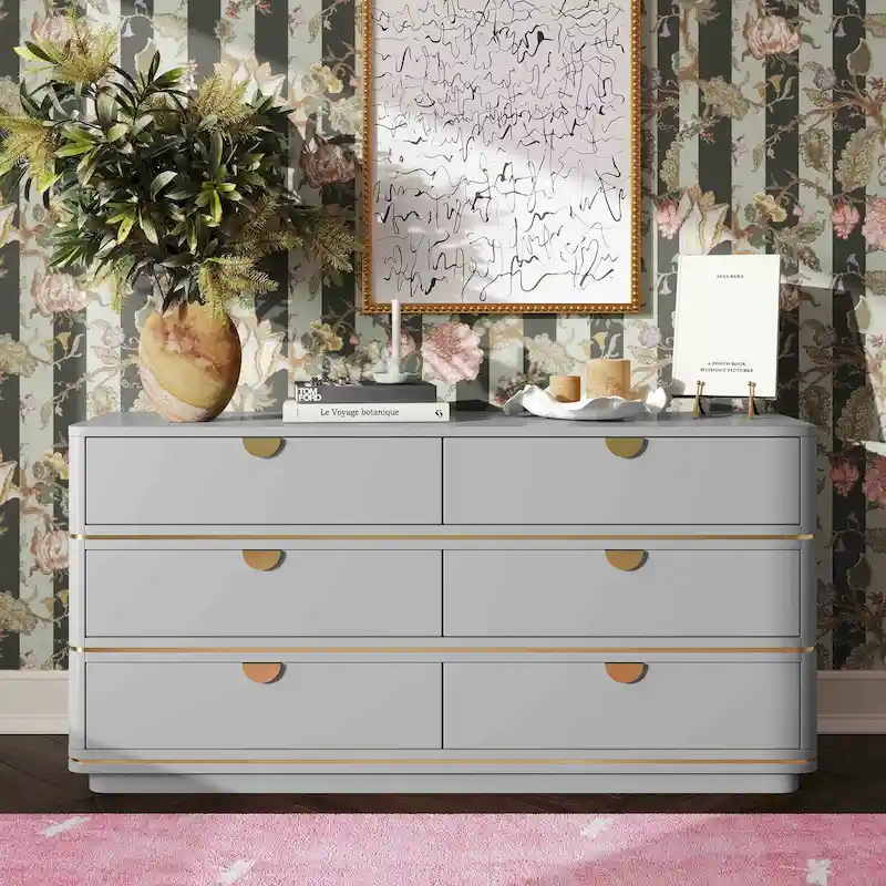 6-Drawer Dresser – Grey / Black / Cream, Acacia Wood, Brass Pulls, Art Deco Style