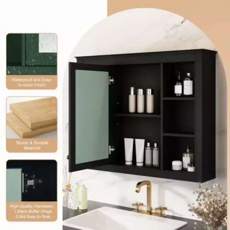 35'' x 27.5'' Medicine Cabinet, Wall Mounted Bathroom Storage Cabinet, Modern Bathroom Wall Cabinet with Mirror, Mirror Cabinet with 6 Open Shelves