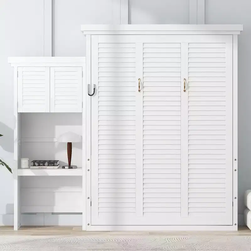 Queen Size Murphy Bed with Storage Shelves and Louvered Cabinet