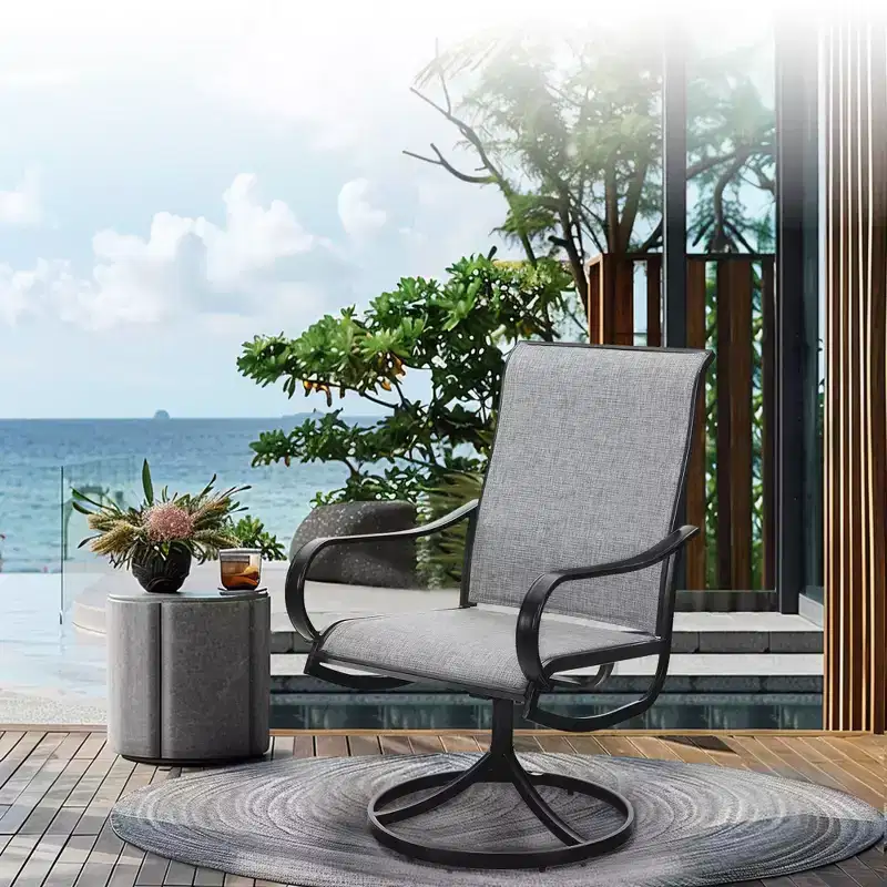 Captiva Designs 7pc Black Round Slatted Steel Table with Umbrella Hole & Textilene Swivel Chairs