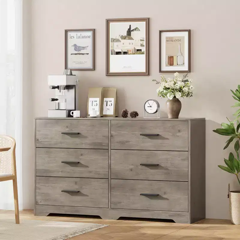 6-Drawer Wide Wood Dresser with Metal Handles – Bedroom, Entryway & Living Room Storage Cabinet