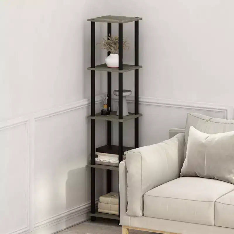 5-Tier Corner Square Bookshelf with Anti-Tipping Display Rack, French Oak/Black, for Bathroom, Closet or Office