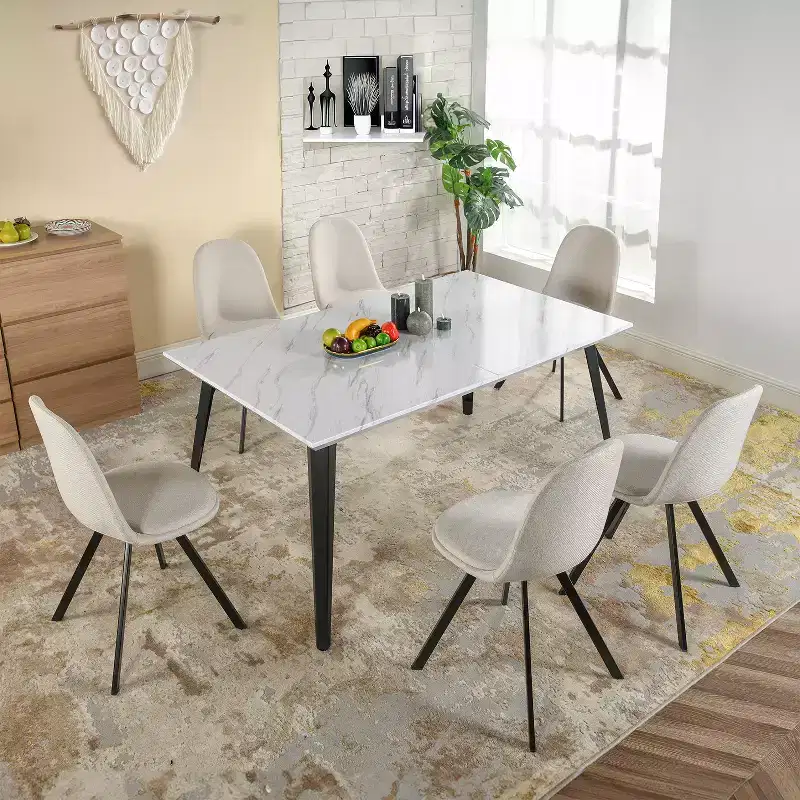 Dining Table for 4-6 Person with Sturdy Thickened Faux Marble Print Tabletop and Metal Steel Legs, White