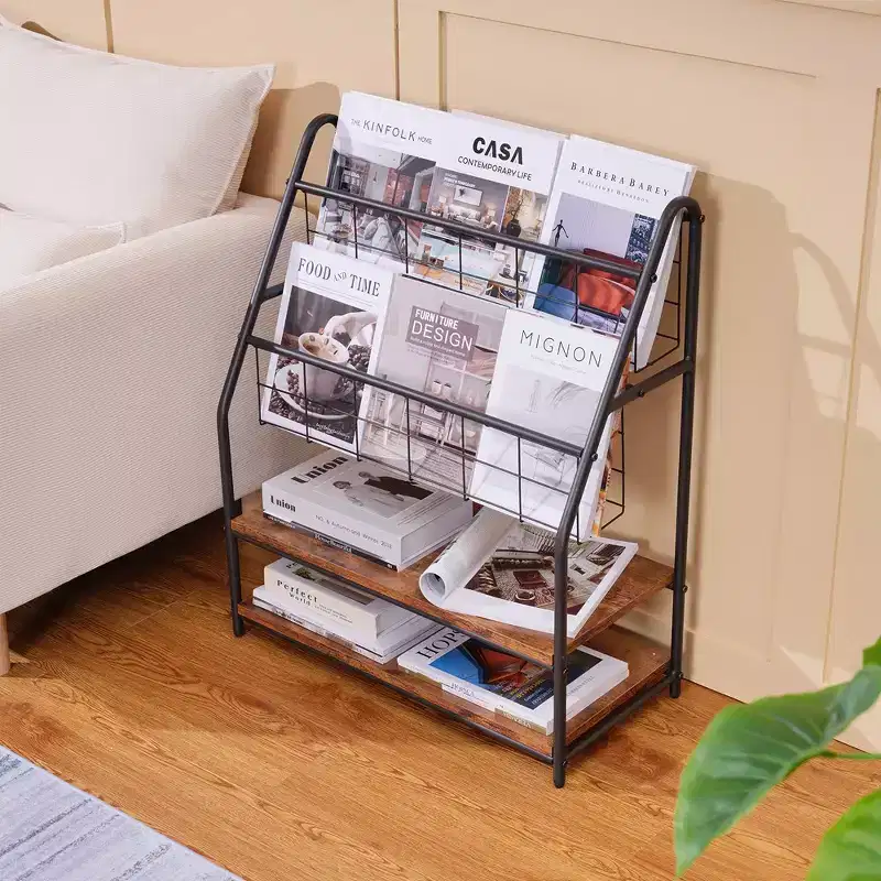 2-Tier Metal Frame Freestanding Bookshelf & Magazine Rack for Small Spaces