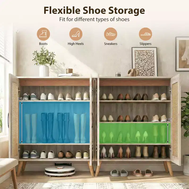 Costway Rattan Shoe Cabinet with 3 Removable Shelves,5-Tier Narrow Cabinet Wood Legs, Walnut/Natural