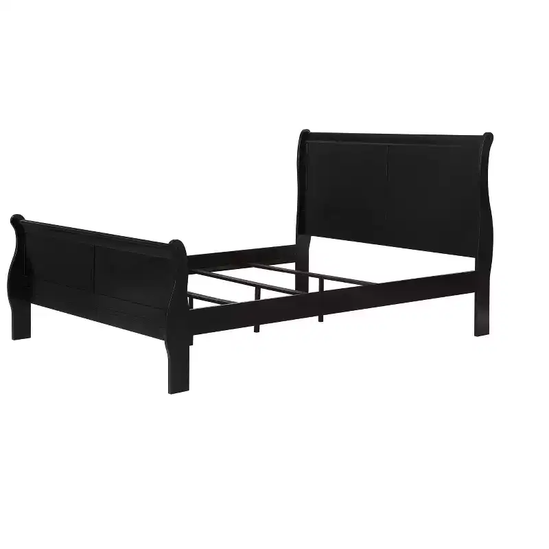 King Sleigh Bed Solid Wood Youth Bed Frame, Low Profile Safe Design for Kids Room, Black