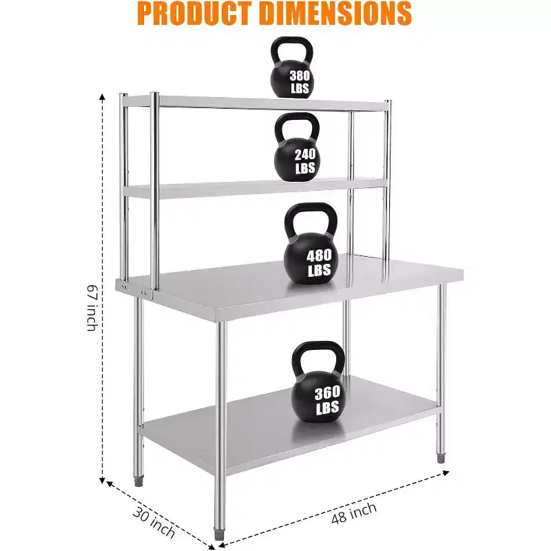 Stainless Steel Work Table  Heavy Duty Commercial Food Prep Table with Adjustable Shelves & Legs for Restaurant/Home/Hotel (1-Pack)